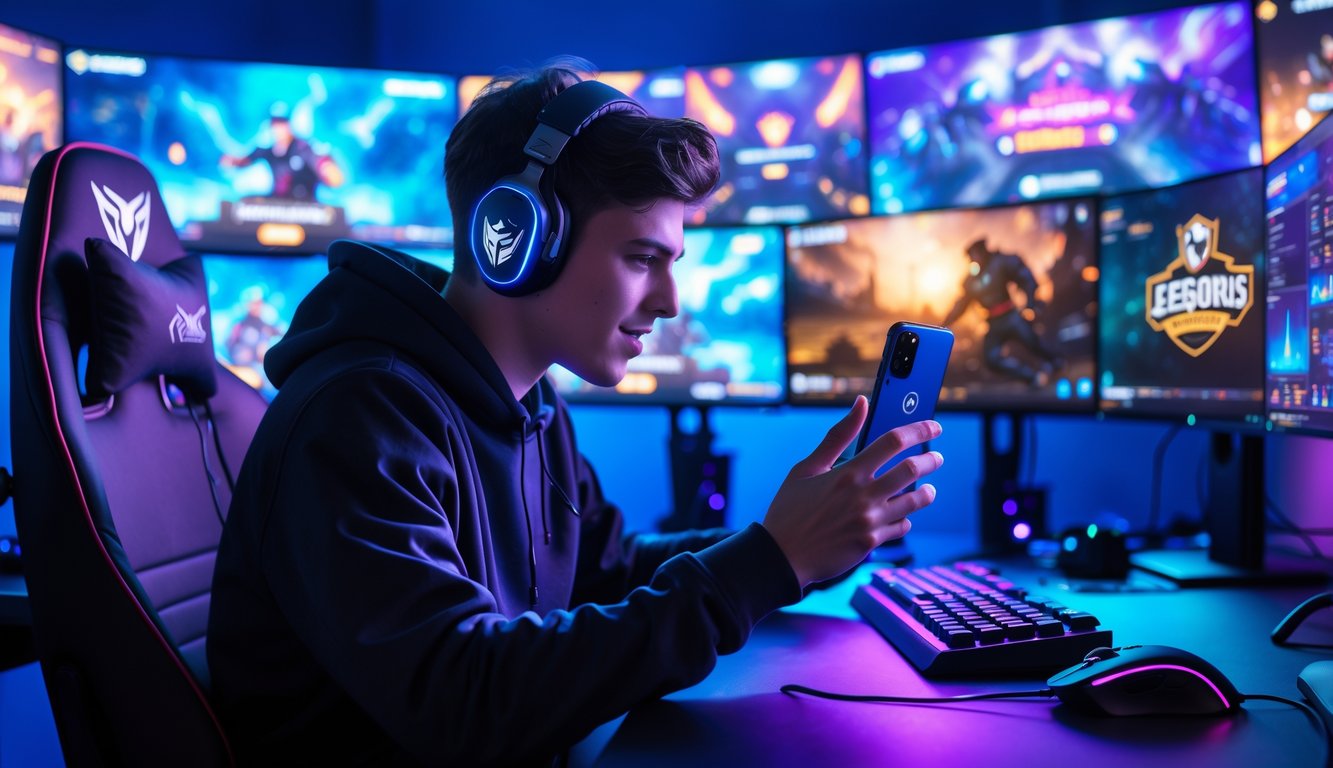 Seorang pemain muda sedang bermain Mobile Legends di smartphone dengan setup gaming lengkap dan layar menampilkan pertandingan esports di latar belakang.