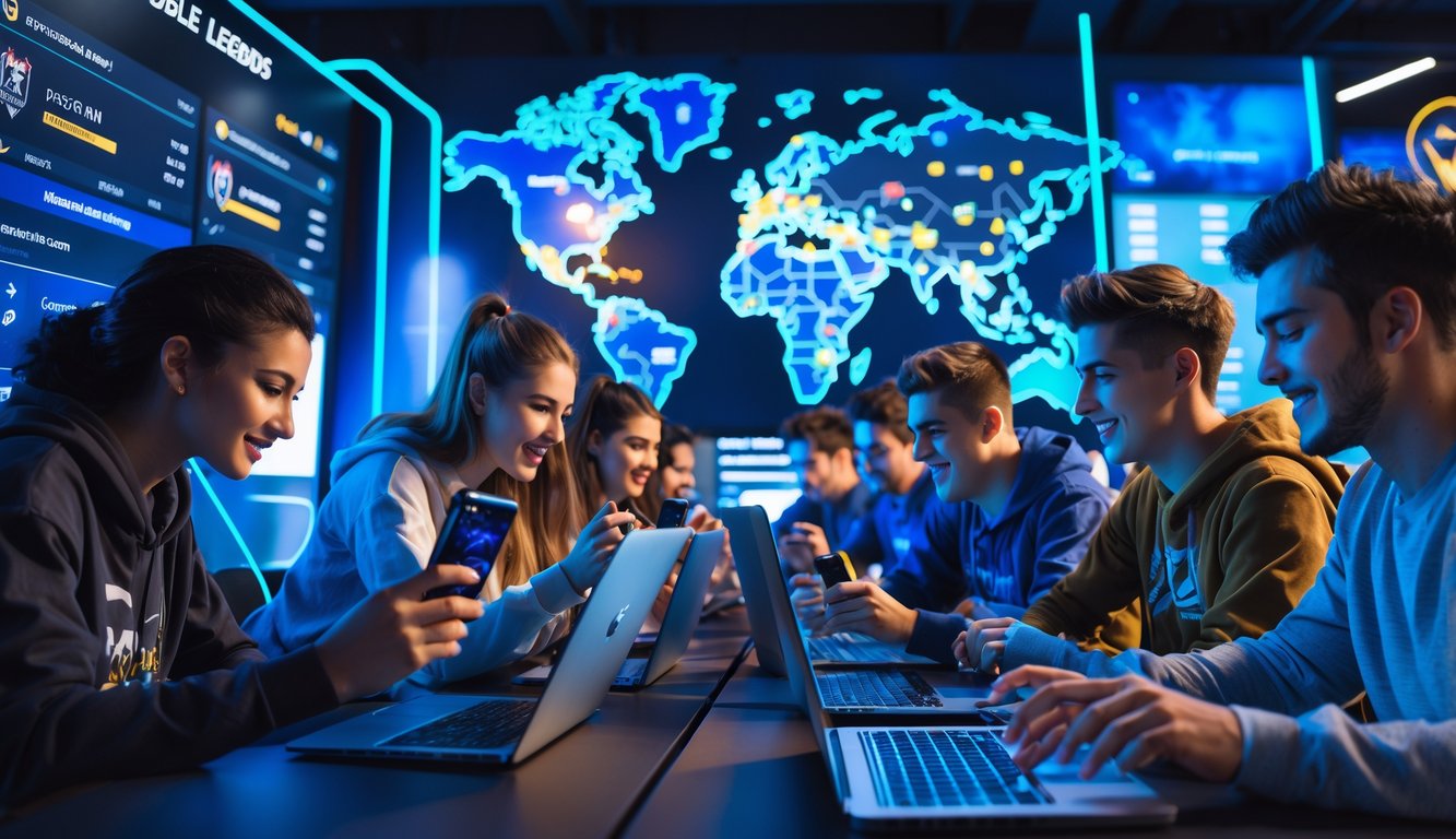 Sekelompok orang muda sedang menggunakan ponsel dan laptop untuk bertaruh pada pertandingan Mobile Legends dan esports di sebuah ruang kerja modern.