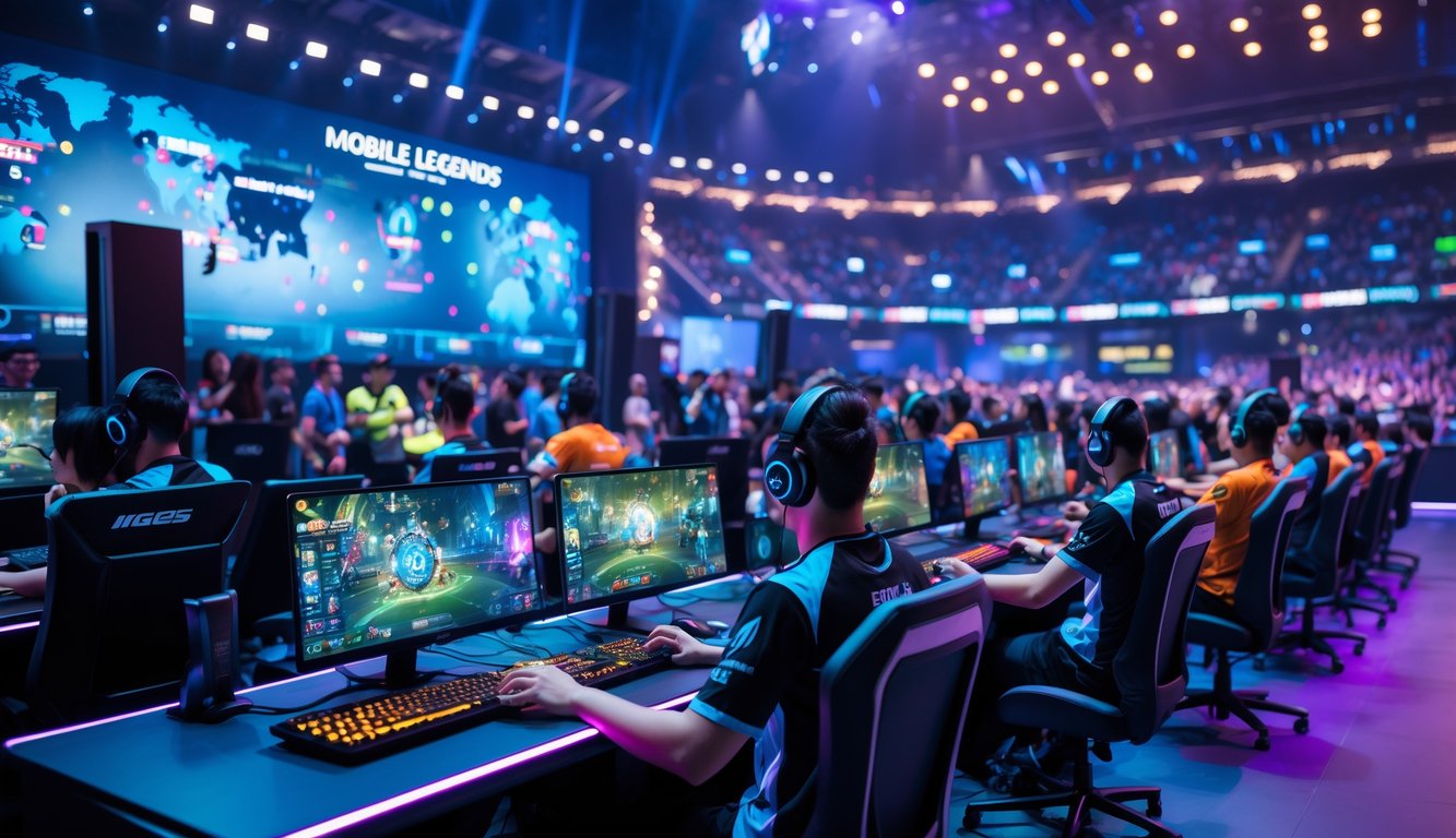 Suasana turnamen esports Mobile Legends dengan pemain yang fokus bermain di arena penuh penonton dan layar besar menampilkan permainan.
