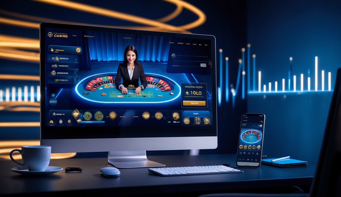 Suasana kasino online langsung dengan dealer hidup di layar komputer dan ponsel, menampilkan lingkungan permainan yang modern dan profesional.