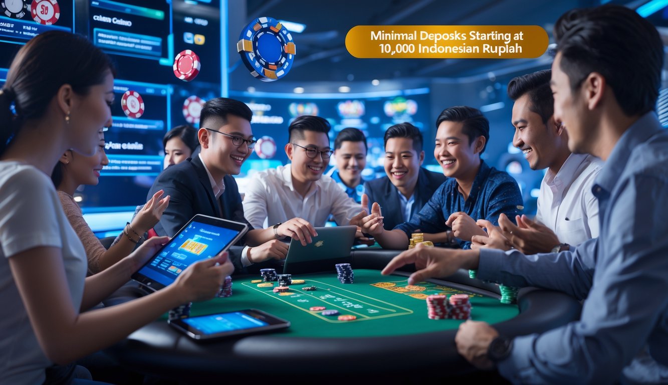 Beberapa orang sedang bermain permainan kasino langsung secara online menggunakan perangkat digital di lingkungan yang modern dan cerah.