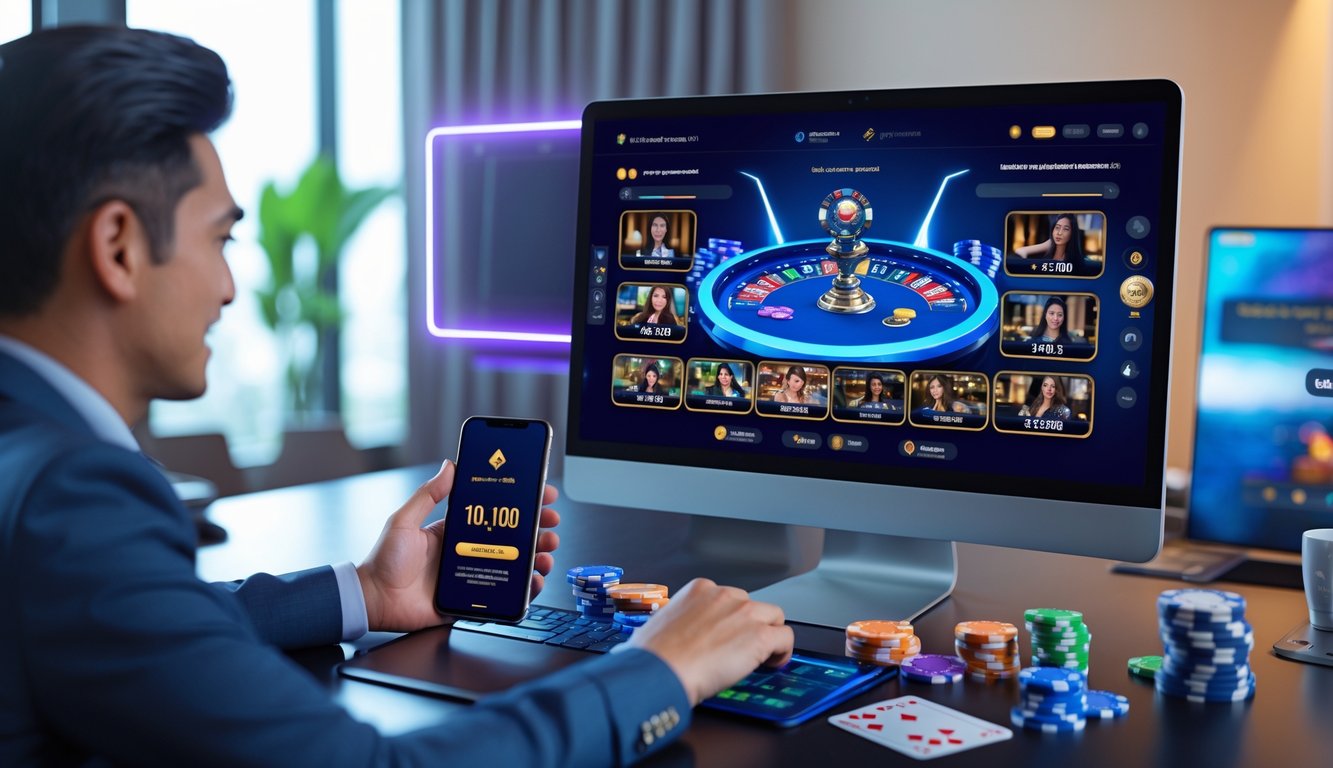 Seorang pemain menggunakan komputer dan ponsel untuk bermain kasino langsung online dengan tampilan permainan dan transaksi deposit di layar.