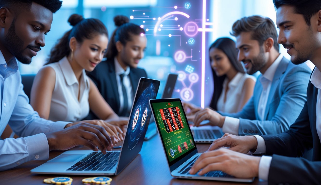 Beberapa orang bermain live casino online menggunakan laptop dan ponsel dalam suasana yang modern dan nyaman.