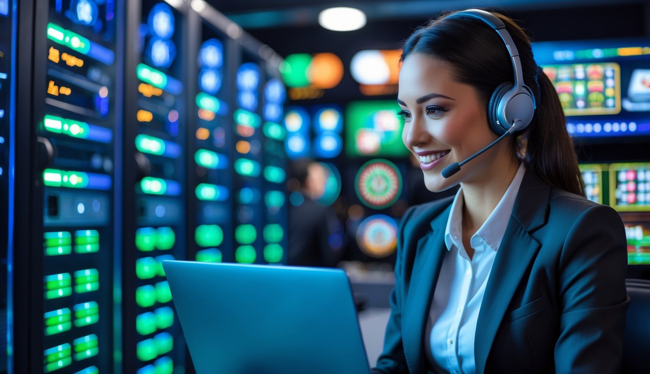 Seorang wanita muda sedang menggunakan laptop di ruang server kasino online dengan baris server berlampu di latar belakang.
