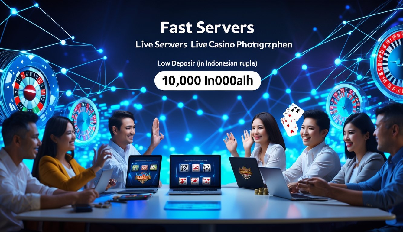 Sejumlah pemain baru sedang bermain di kasino online dengan perangkat digital dan latar belakang koneksi server cepat.