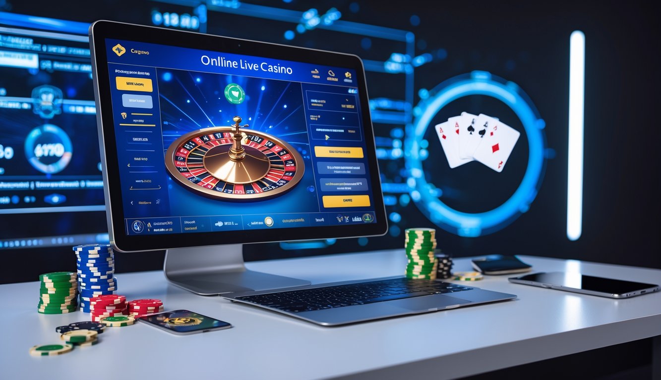 Seseorang menggunakan komputer dengan tampilan permainan kasino langsung online, dikelilingi chip poker dan kartu, menunjukkan suasana kasino online yang cepat dan mudah diakses.