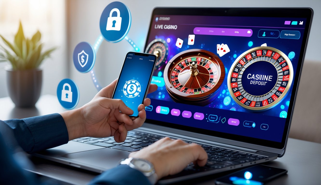 Seseorang menggunakan laptop dan ponsel untuk melakukan deposit di kasino online dengan latar belakang permainan kasino dan simbol keamanan digital.