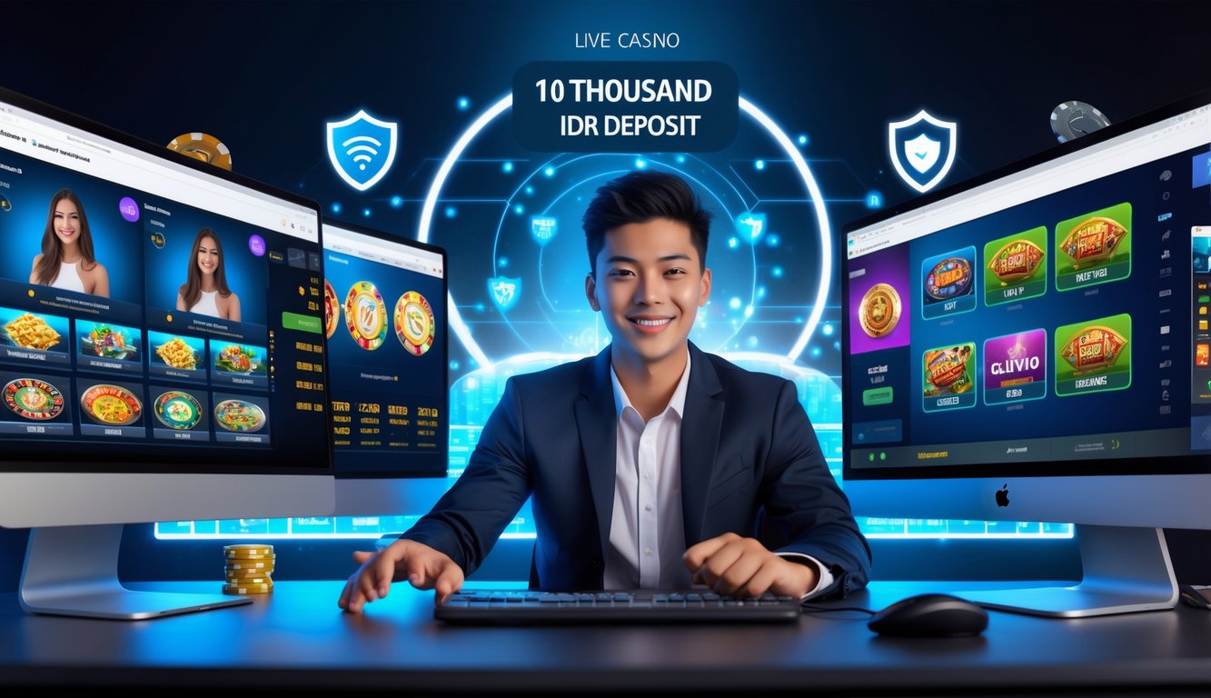 Seorang dewasa muda duduk di depan komputer dengan tampilan permainan kasino online dan simbol keamanan digital di latar belakang.