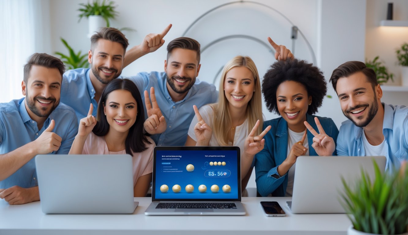 Sekelompok orang bahagia menggunakan laptop dan ponsel untuk bermain togel online di ruang tamu yang terang dan nyaman.