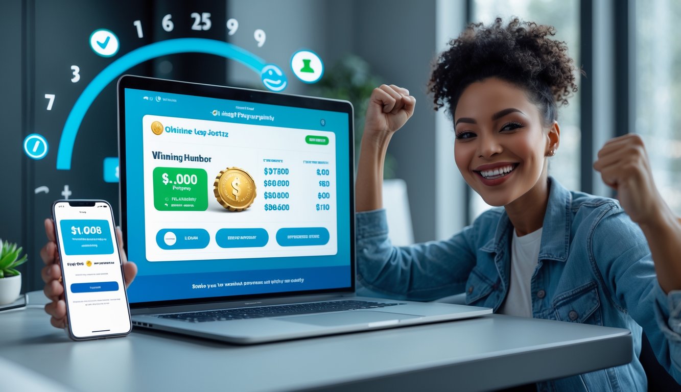 Seseorang duduk di depan laptop dengan senyum bahagia, menunjukkan kemenangan dan konfirmasi pembayaran di ponsel.