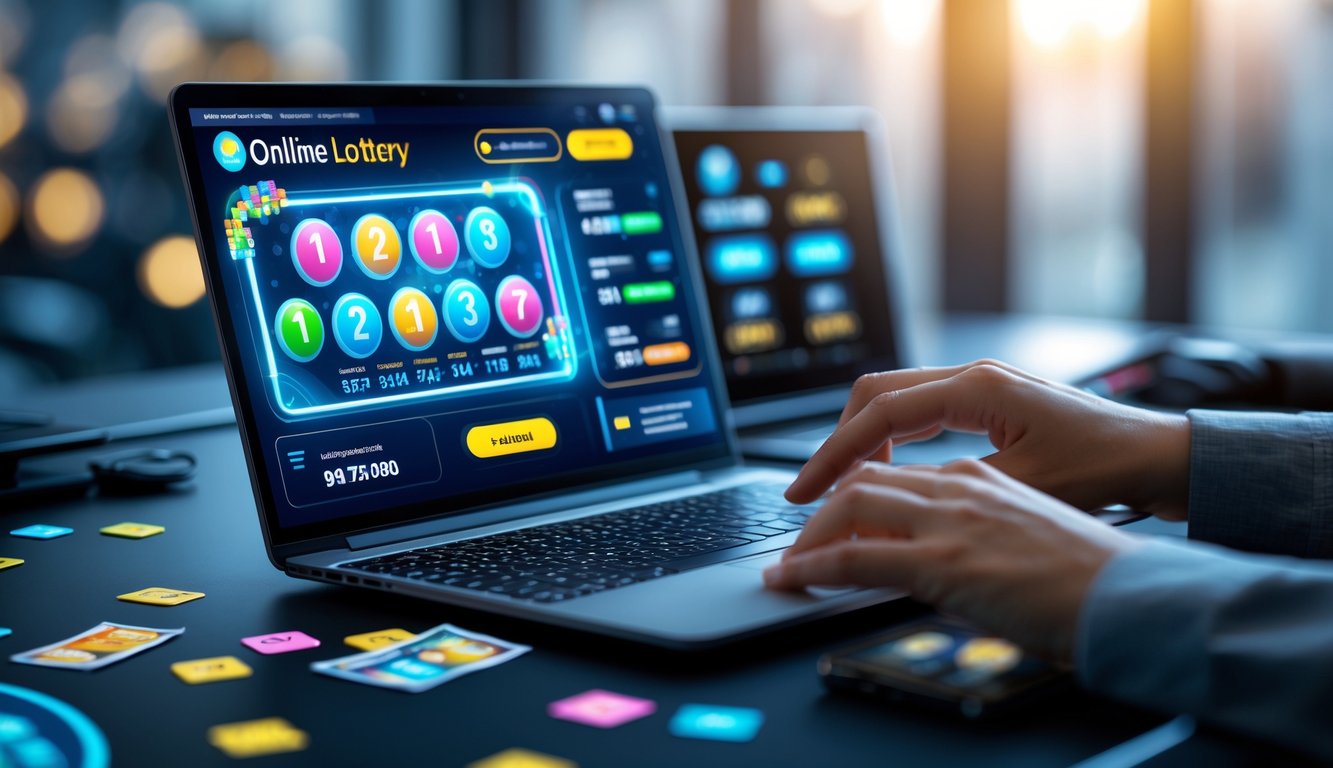 Seorang pengguna sedang menggunakan laptop dengan tampilan platform togel online yang berwarna-warni dan ikon pembayaran digital di meja kerja modern.