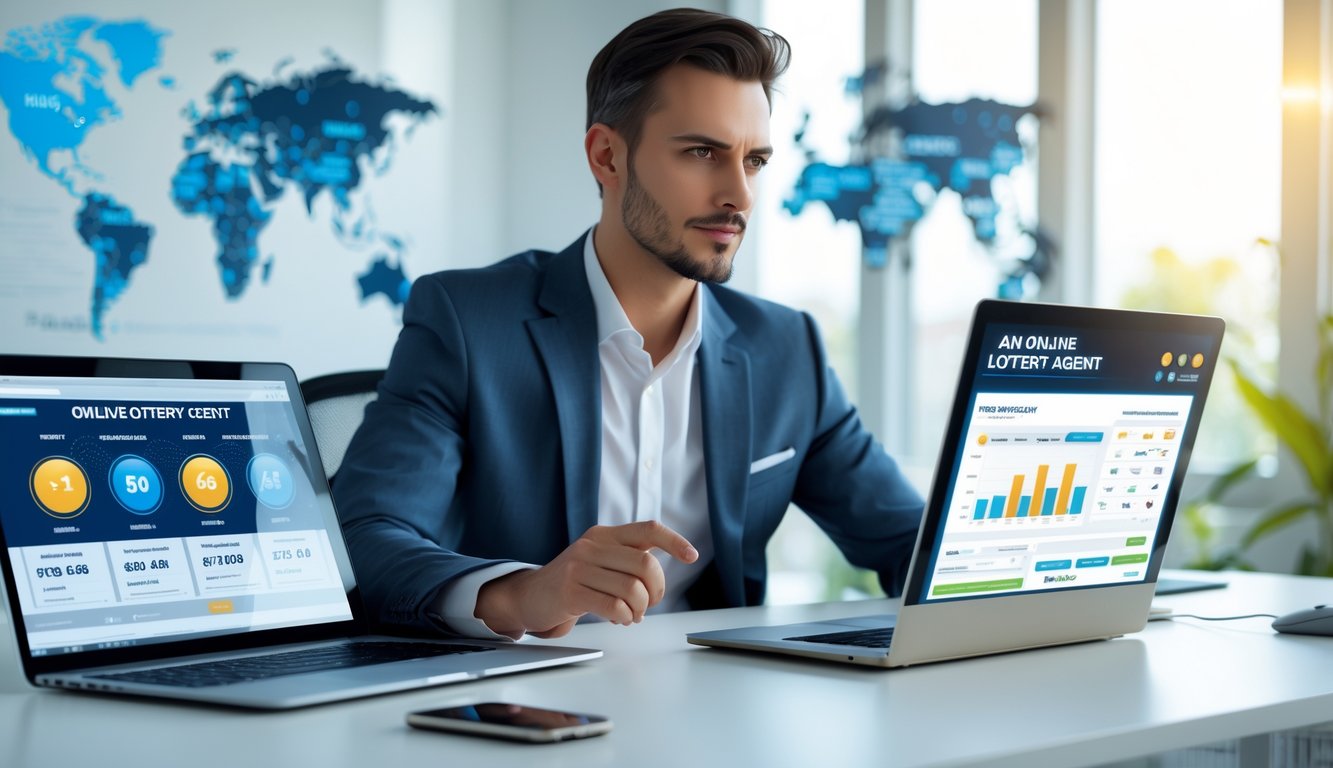 Seseorang sedang duduk di meja kerja dengan laptop dan ponsel, menganalisis data terkait togel online di sebuah kantor yang terang dan modern.