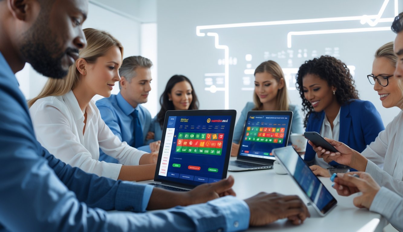 Beberapa orang menggunakan perangkat digital di ruangan terang, terlihat fokus pada aktivitas taruhan togel online.