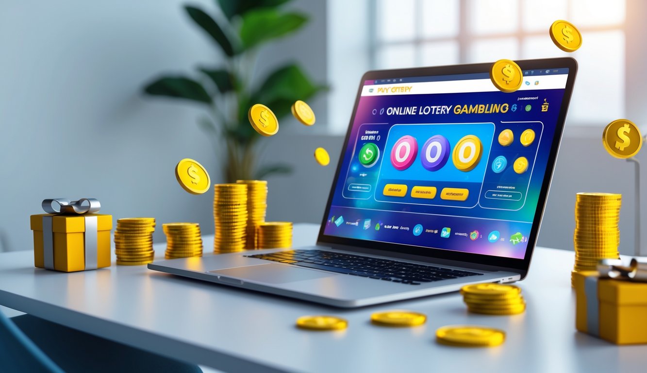 Seorang pria menggunakan laptop di meja kerja dengan koin digital dan kotak hadiah di sekitarnya.