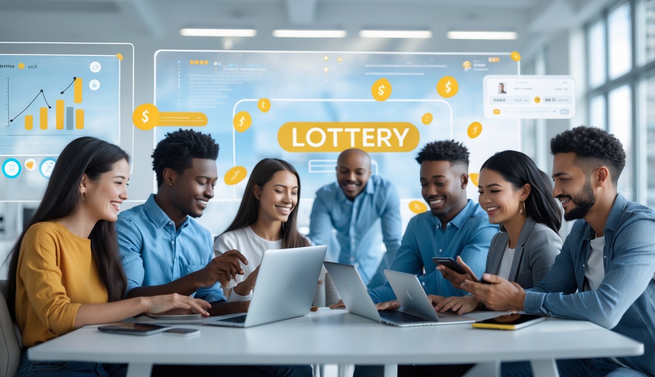 Beberapa orang menggunakan perangkat digital di kantor modern yang cerah, menunjukkan aktivitas situs togel online yang terpercaya dan cepat bayar.