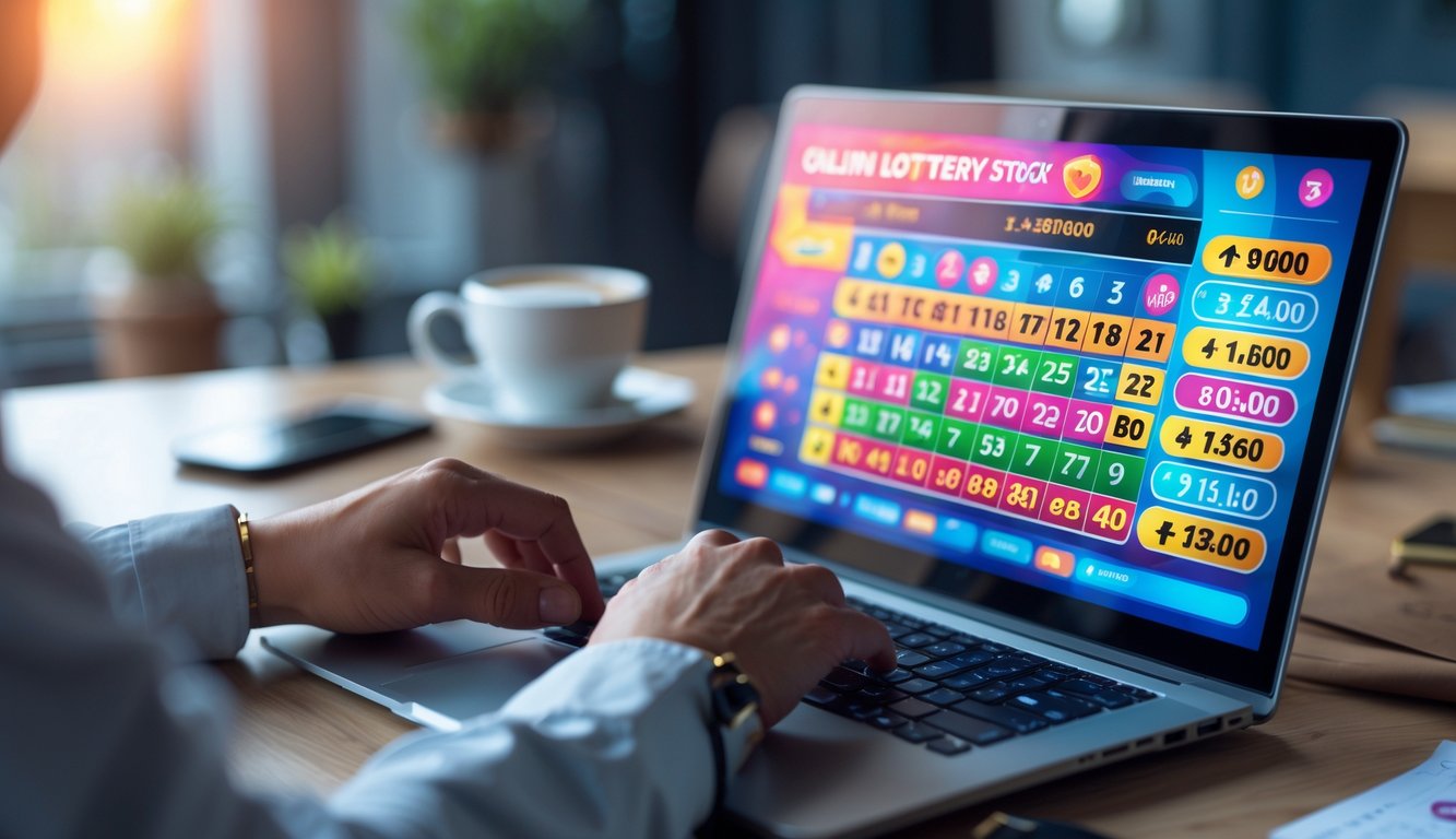 Seseorang menggunakan laptop dengan tampilan permainan togel online di meja kerja modern.