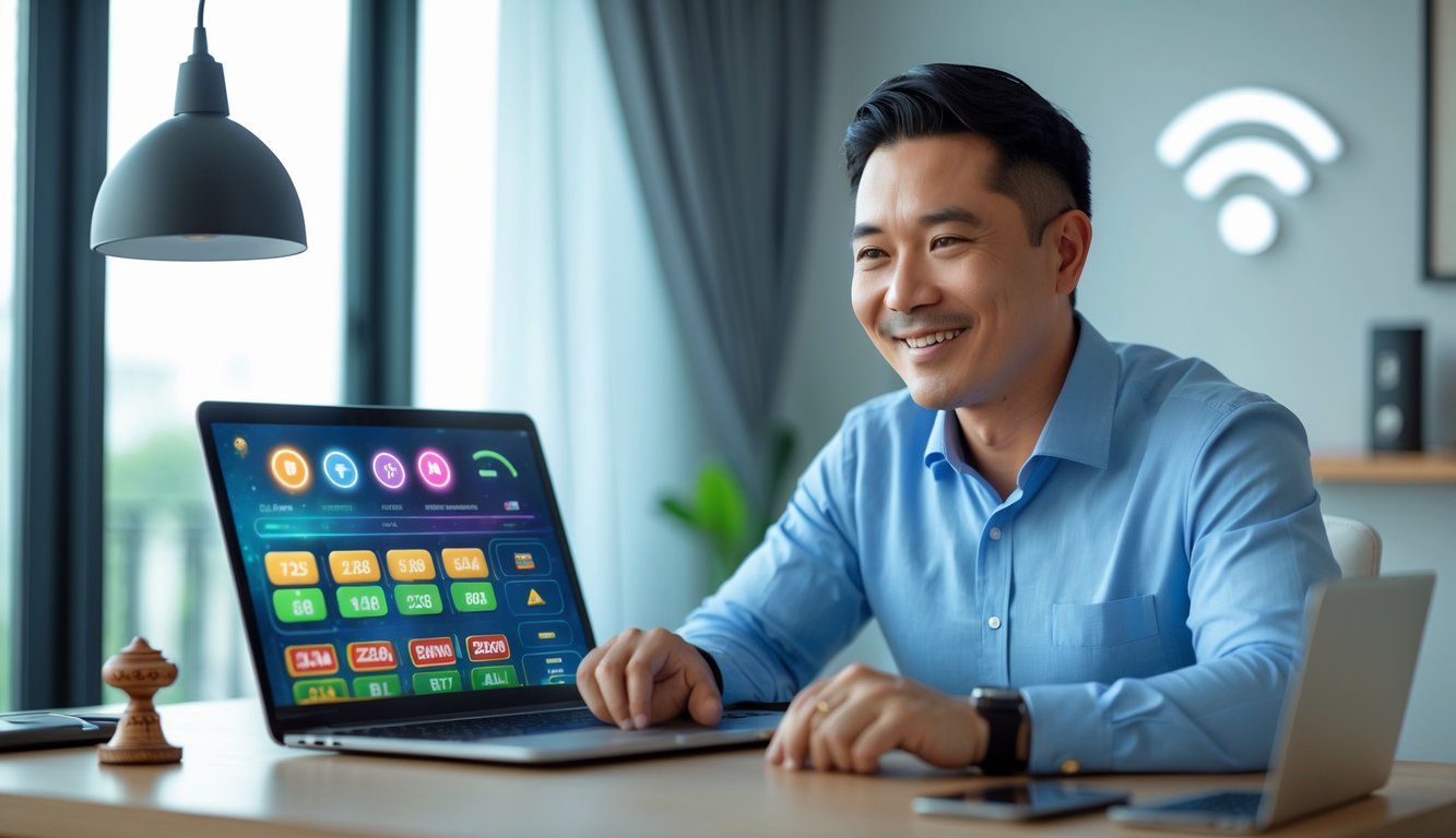 Seorang pria dewasa duduk di kantor rumah modern, tersenyum sambil menggunakan laptop yang menampilkan grafik dan angka terkait togel online, dengan ponsel dan simbol pembayaran digital di sekitarnya.