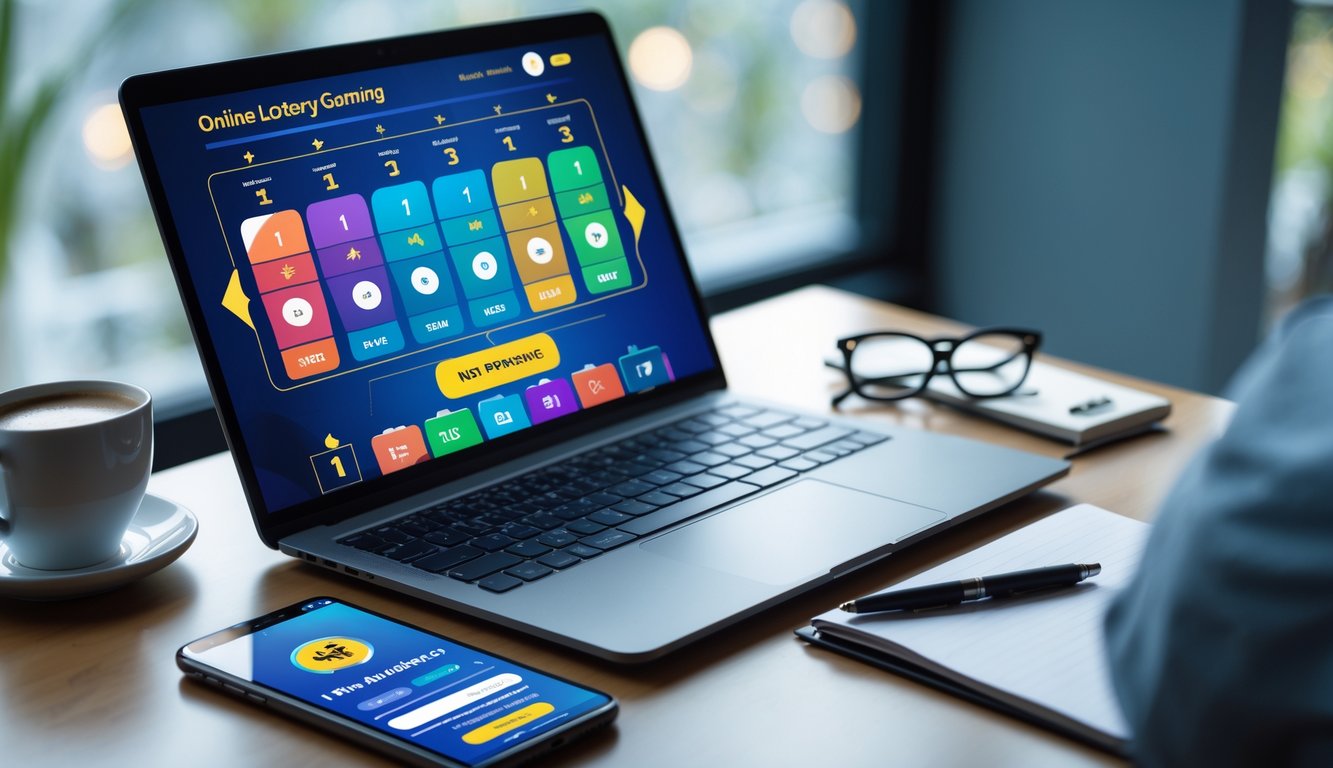 Seorang pria duduk di depan laptop dengan layar menampilkan situs togel online, di meja terdapat smartphone, cangkir kopi, dan alat tulis, suasana tenang dan fokus.