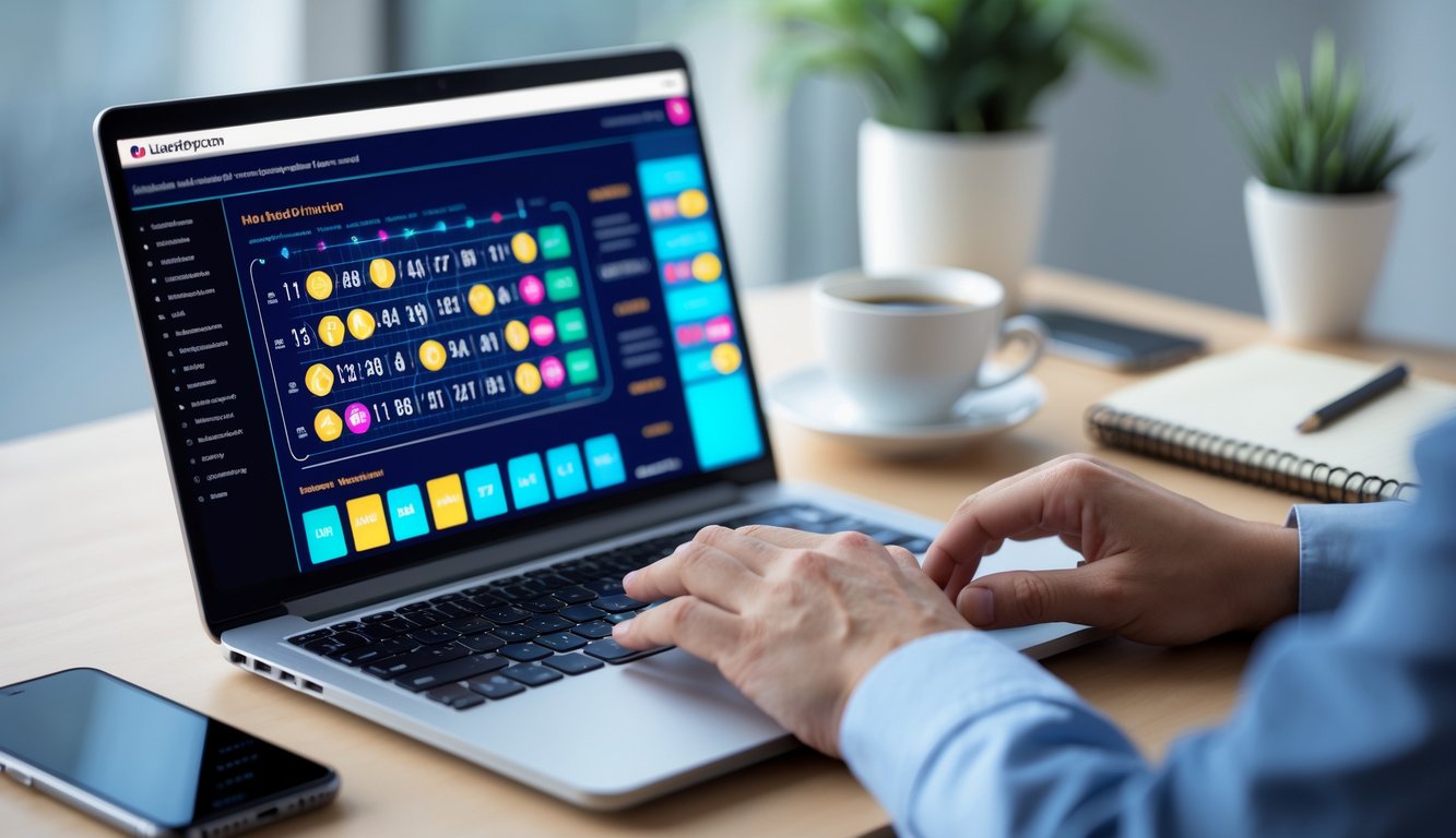 Seseorang menggunakan laptop di meja kerja dengan perangkat seperti ponsel dan secangkir kopi di sekitar, menunjukkan aktivitas bermain togel online.