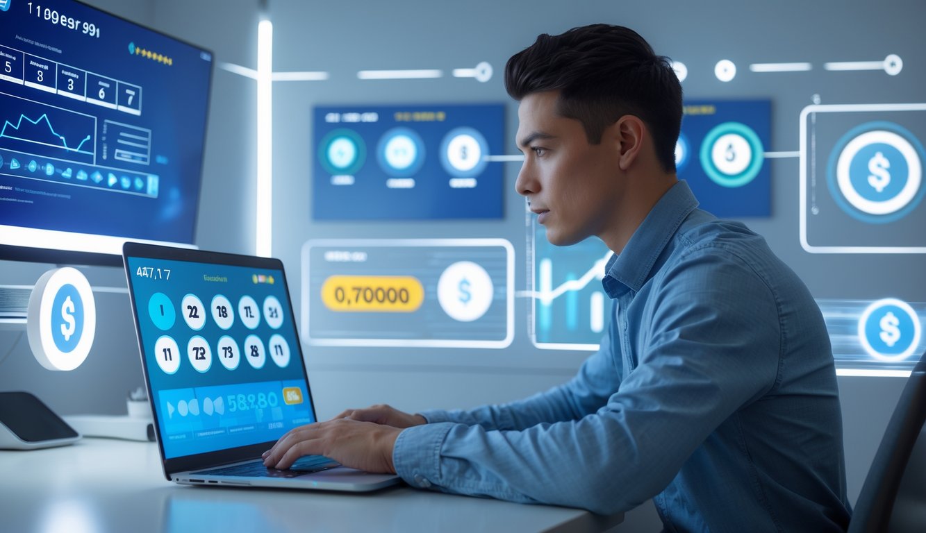 Seorang pria muda sedang menggunakan laptop di meja dengan layar digital menampilkan angka togel dan ikon pembayaran, menunjukkan konsep platform togel online yang cepat dan terpercaya.