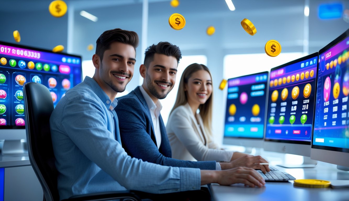 Dua orang muda duduk di depan komputer dengan layar menampilkan permainan togel dan jackpot, terlihat senang dan bersemangat.