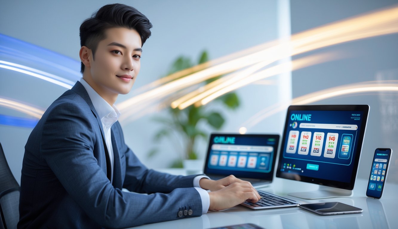 Seorang dewasa muda duduk di meja kerja dengan perangkat digital, fokus pada permainan lotere online dalam suasana yang rapi dan modern.
