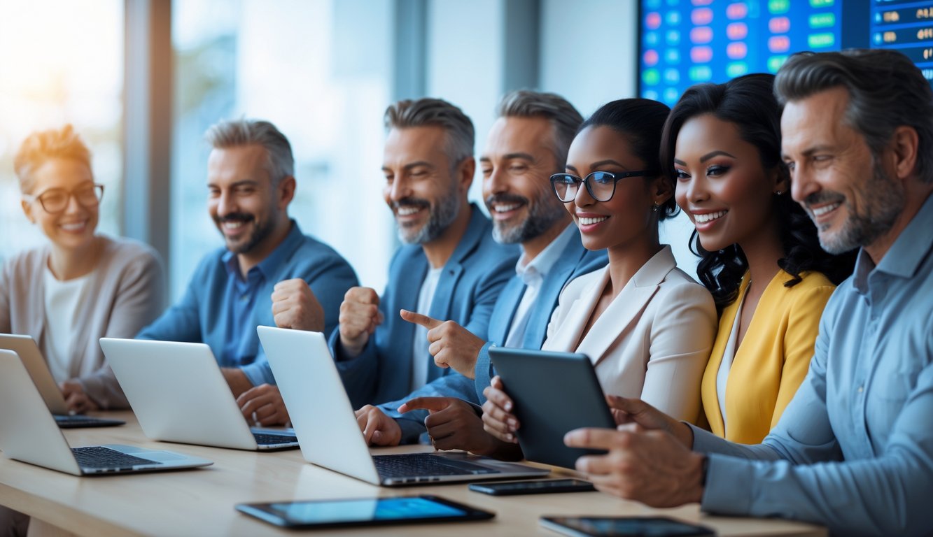 Sekelompok orang dewasa menggunakan perangkat digital dalam suasana taruhan online yang aman dan profesional.