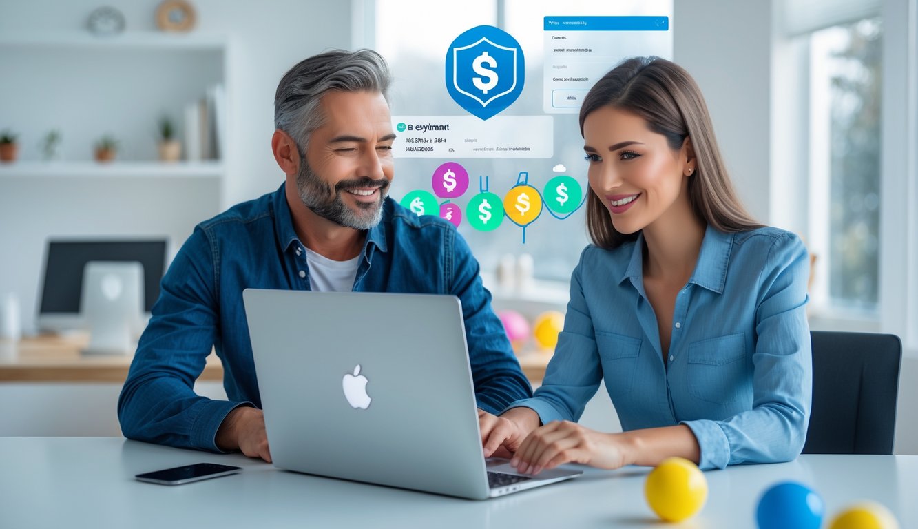 Dua orang dewasa duduk di meja modern menggunakan laptop untuk taruhan togel online dengan suasana yang aman dan terpercaya.