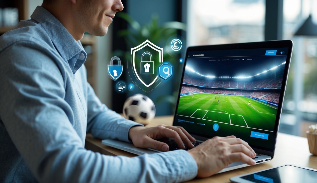 Seorang dewasa muda menggunakan laptop di ruang kerja modern dengan pertandingan sepak bola yang terlihat di layar, dikelilingi simbol keamanan dan kecepatan.