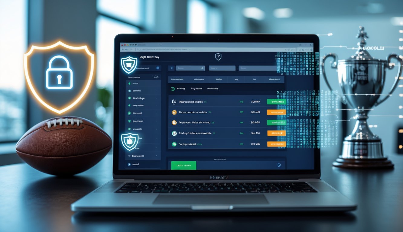 Seorang pria menggunakan laptop di meja kantor dengan ikon kunci digital dan elemen keamanan di sekitar, menggambarkan keamanan dalam taruhan bola online.