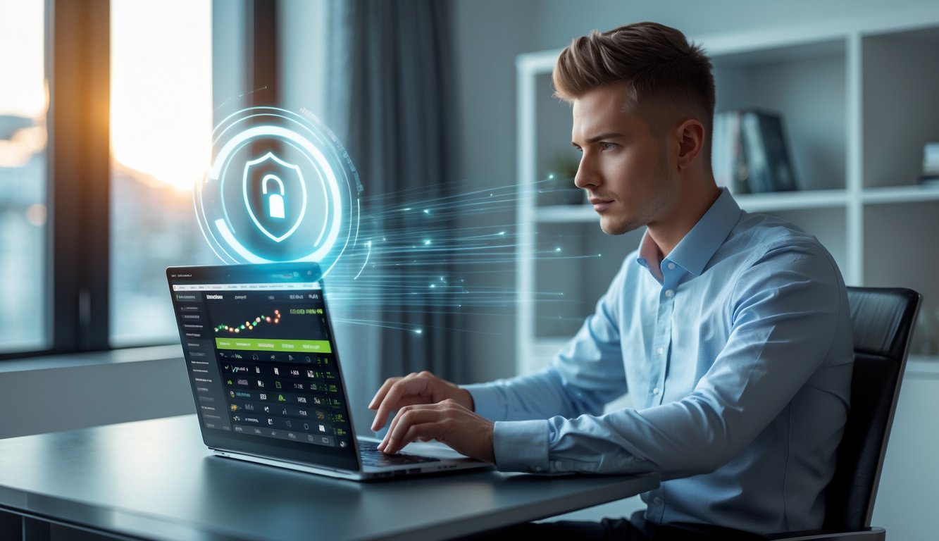 Seorang pria muda duduk di depan laptop di ruang kerja modern dengan ikon kunci digital dan cahaya cepat yang menunjukkan keamanan dan kecepatan dalam taruhan bola online.