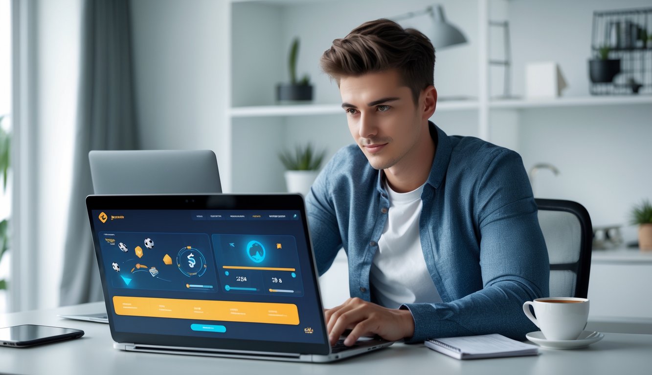 Seorang pria muda duduk di meja dengan laptop di ruang kerja rumah yang rapi, fokus pada layar komputer yang menunjukkan grafik terkait taruhan olahraga online.