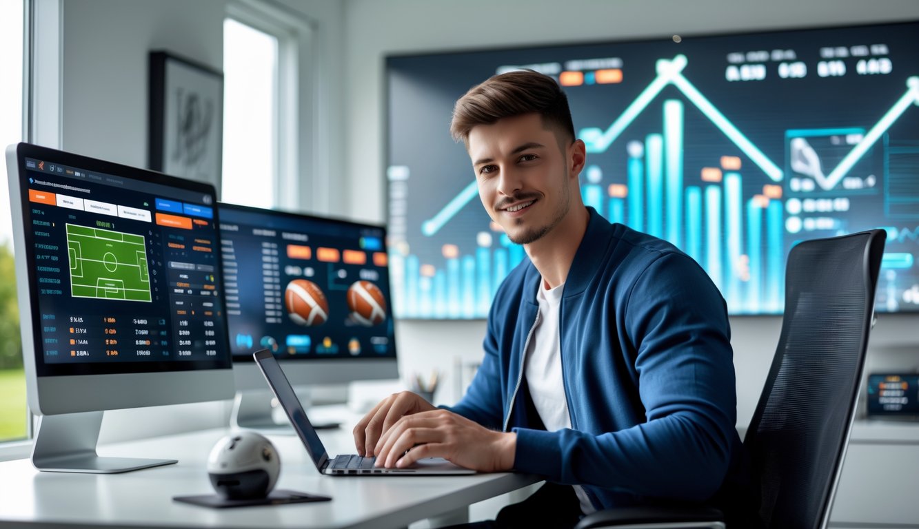 Seorang pria muda duduk di meja dengan beberapa monitor komputer yang menampilkan statistik pertandingan sepak bola dan antarmuka taruhan online.