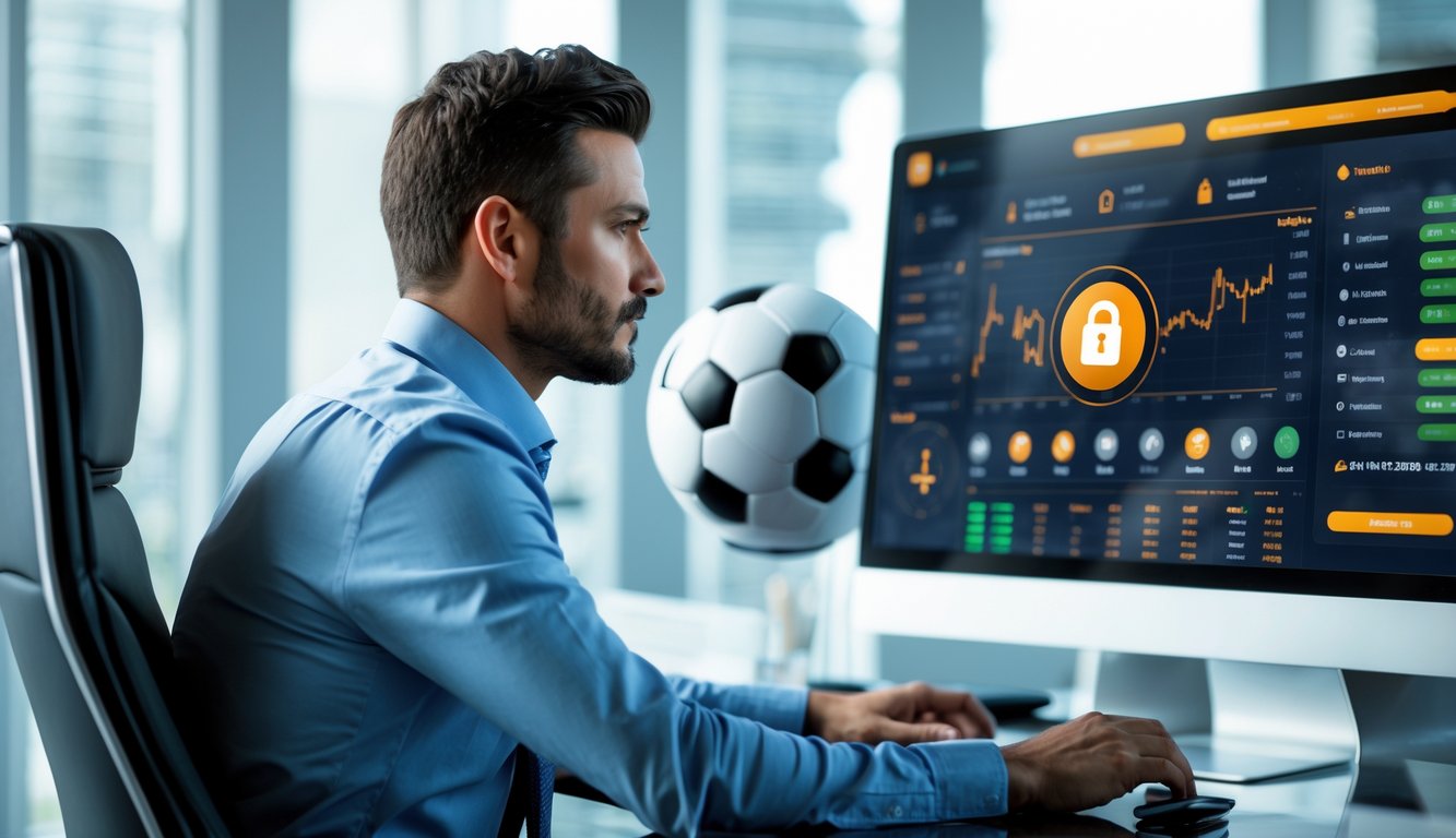 Seorang pria duduk di meja modern sambil melihat layar komputer yang menampilkan statistik taruhan bola online dengan suasana kantor yang profesional.