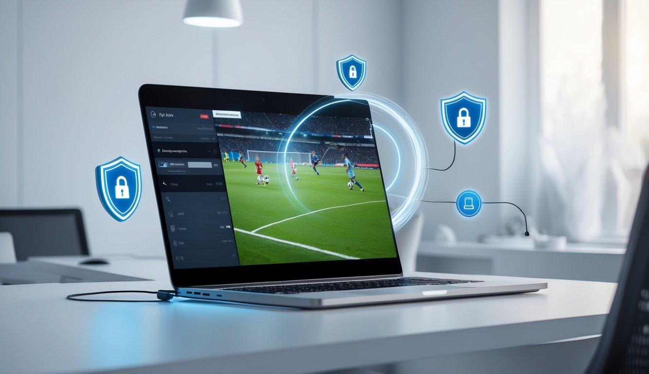 Seorang pengguna sedang melihat pertandingan sepak bola secara langsung di perangkat digital dengan latar belakang ruang kerja yang bersih dan simbol keamanan digital.