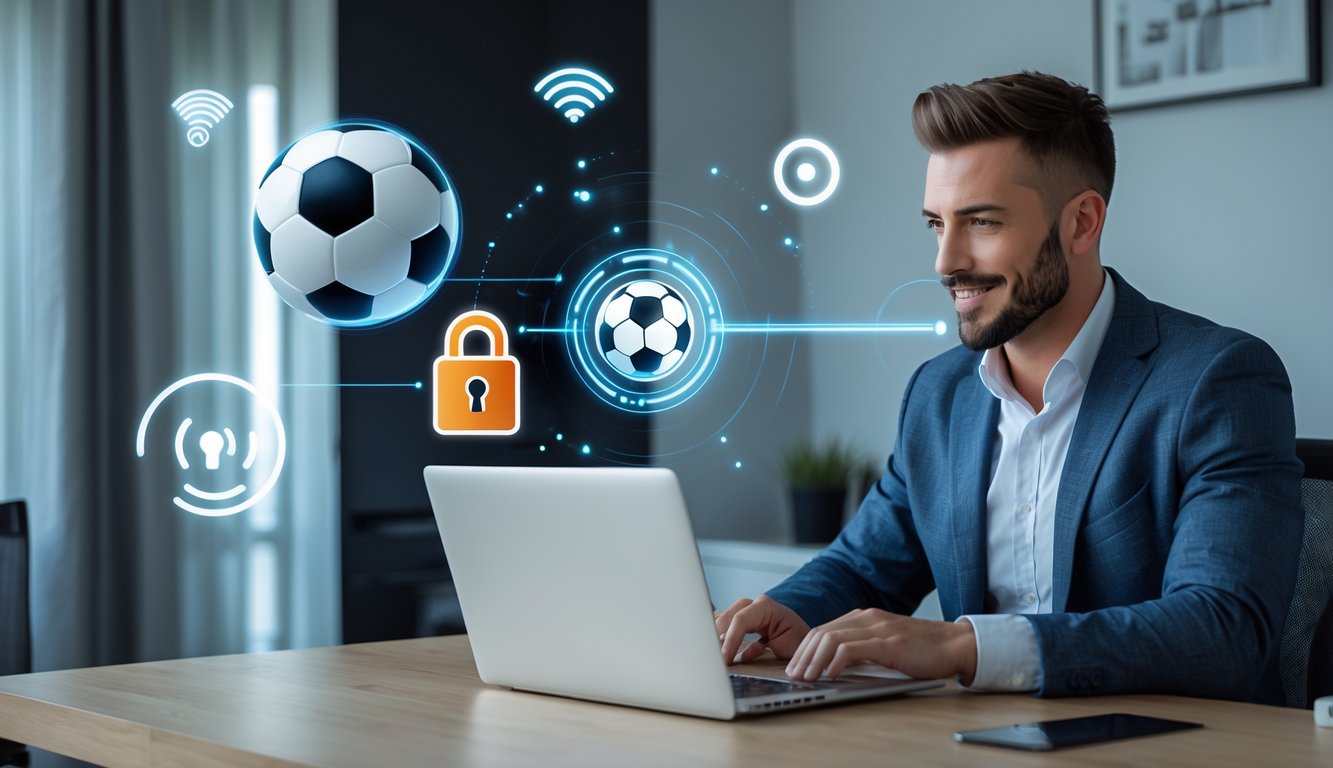 Seorang pria duduk di meja dengan laptop di ruang kerja modern, dikelilingi ikon sepak bola, gembok keamanan, dan sinyal jaringan cepat.