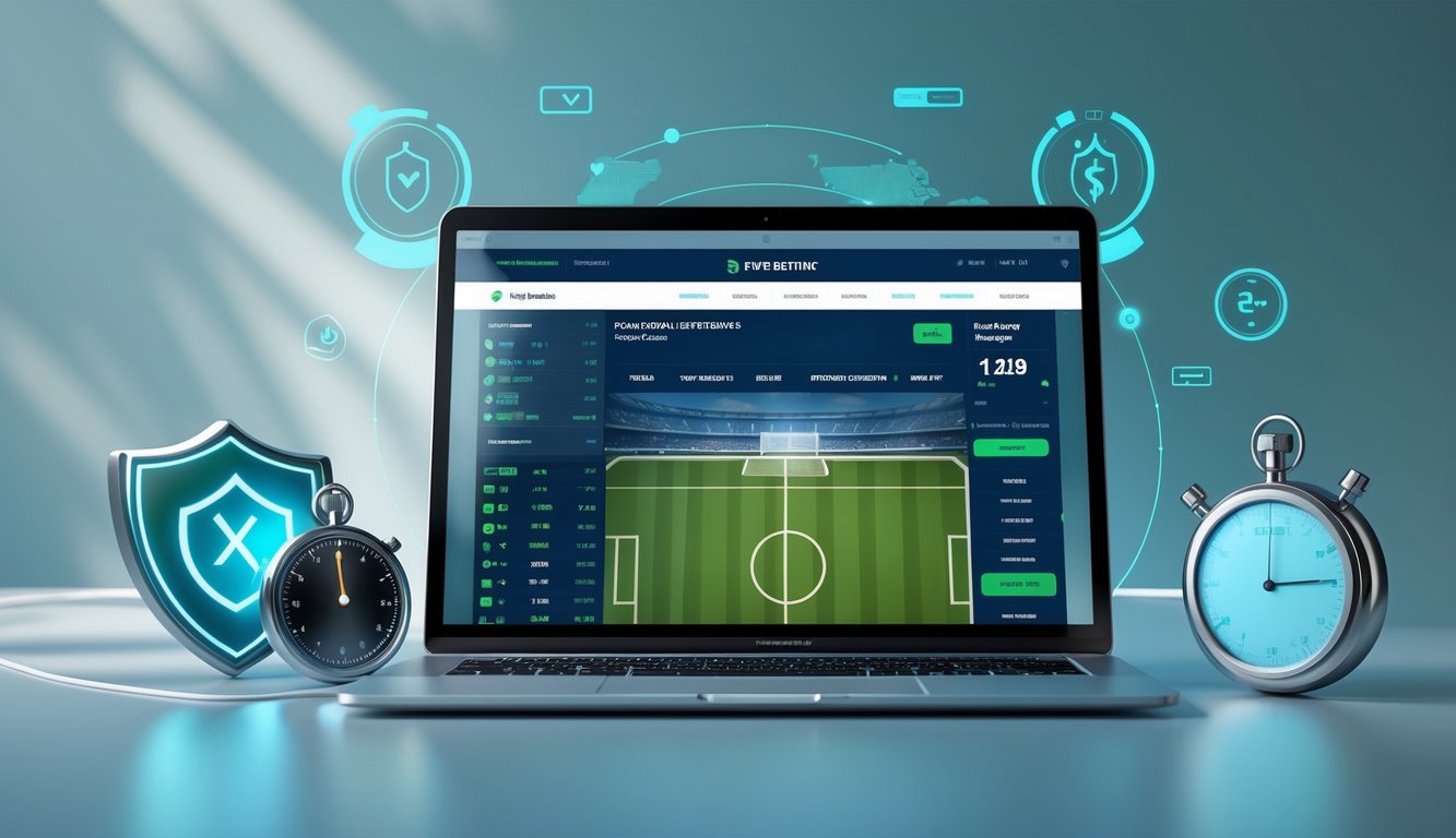 Sebuah ruang kerja digital modern dengan laptop menampilkan situs taruhan sepak bola online, dikelilingi ikon keamanan dan simbol pembayaran cepat.