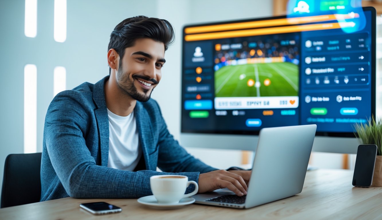 Seorang pria muda duduk di meja dengan laptop, tampak fokus dan percaya diri saat menggunakan platform taruhan olahraga online yang aman dan cepat.
