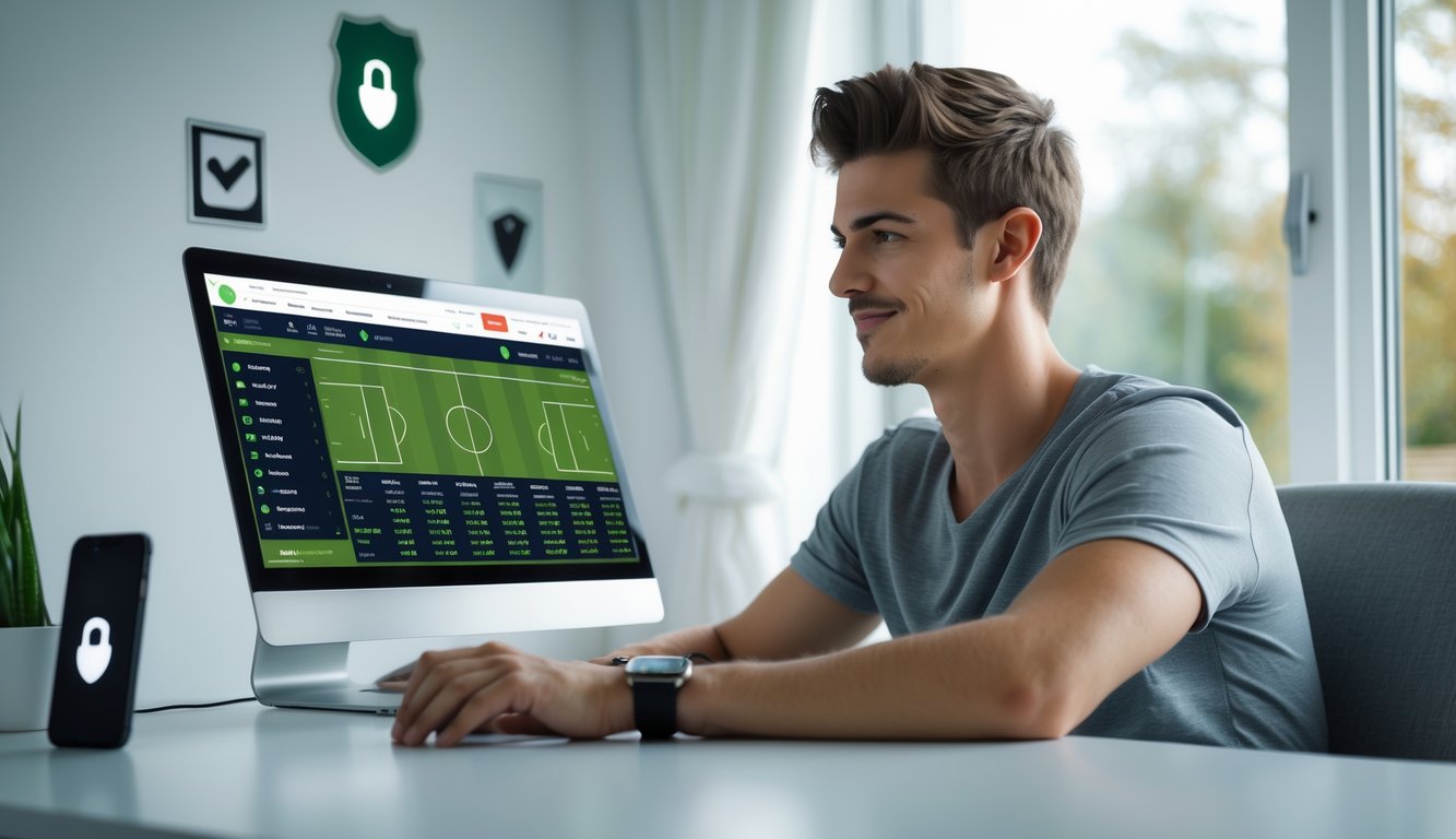 Seorang pria muda duduk di meja dengan laptop, fokus pada layar yang menampilkan taruhan bola online, di ruang kerja yang terang dan rapi.