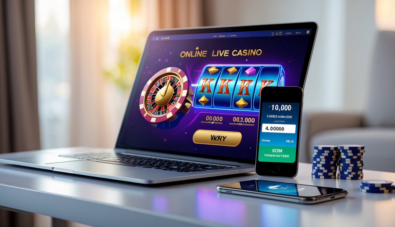 Seorang pemain menggunakan laptop dengan permainan kasino langsung di layar dan ponsel yang menampilkan transaksi deposit 10 ribu rupiah di meja yang rapi.