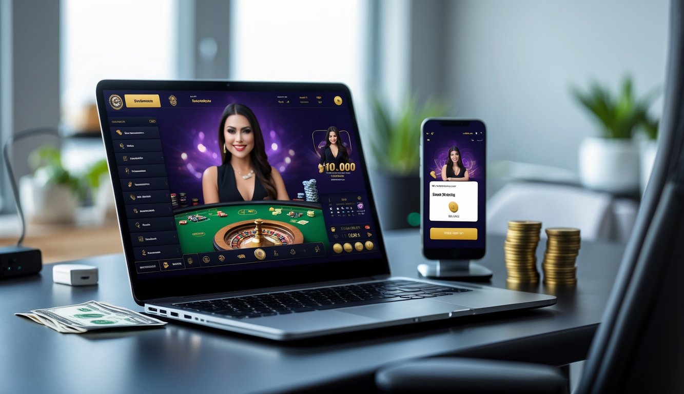 Seorang pemain sedang menggunakan komputer untuk bermain live casino online dengan tampilan dealer langsung dan simbol deposit kecil di sekitar layar.