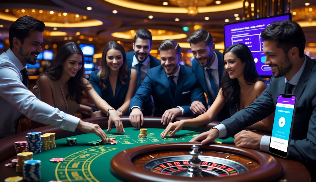 Beberapa pemain sedang bermain di meja kasino langsung dengan suasana yang ramai dan nyaman, menampilkan layar digital dan tumpukan chip kecil.