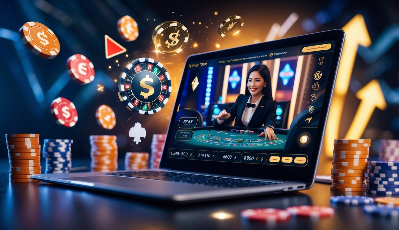 Seorang dealer kasino langsung yang ramah terlihat di layar komputer dengan simbol uang digital dan grafik keuntungan di sekitar perangkat.
