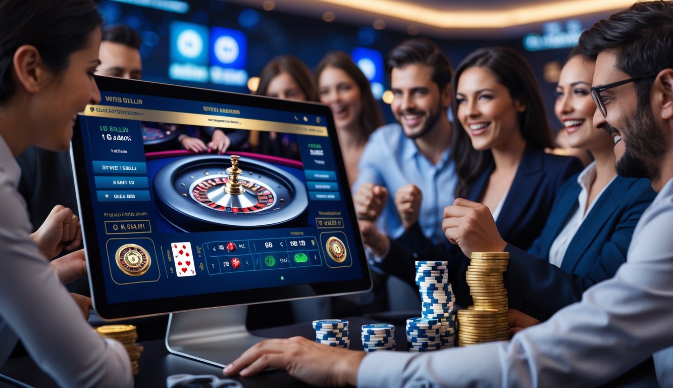 Orang-orang bermain kasino online langsung dengan komputer dan dealer di layar, menunjukkan suasana semangat dan fokus.