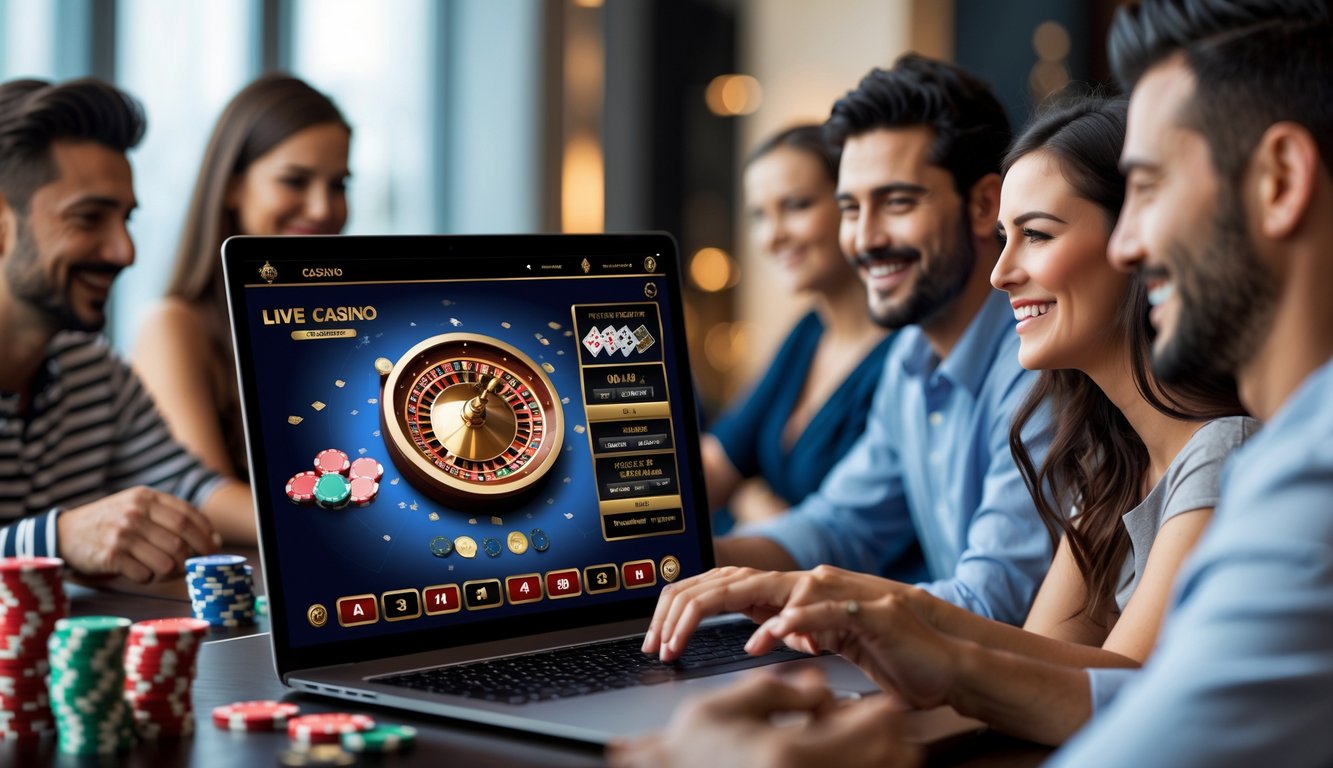 Orang-orang bermain kasino online dengan komputer menampilkan permainan roulette dan kartu di layar.