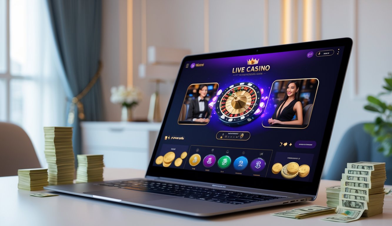 Seorang pemain menggunakan laptop untuk bermain live casino online dengan suasana ruangan yang nyaman dan pencahayaan hangat.