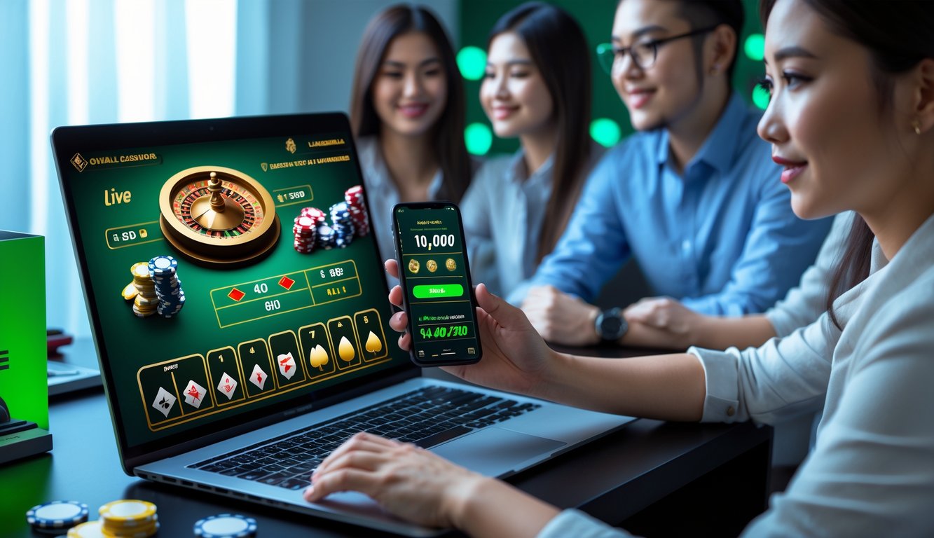 Orang-orang sedang bermain permainan kasino online secara serius di depan komputer dan ponsel di rumah yang nyaman.