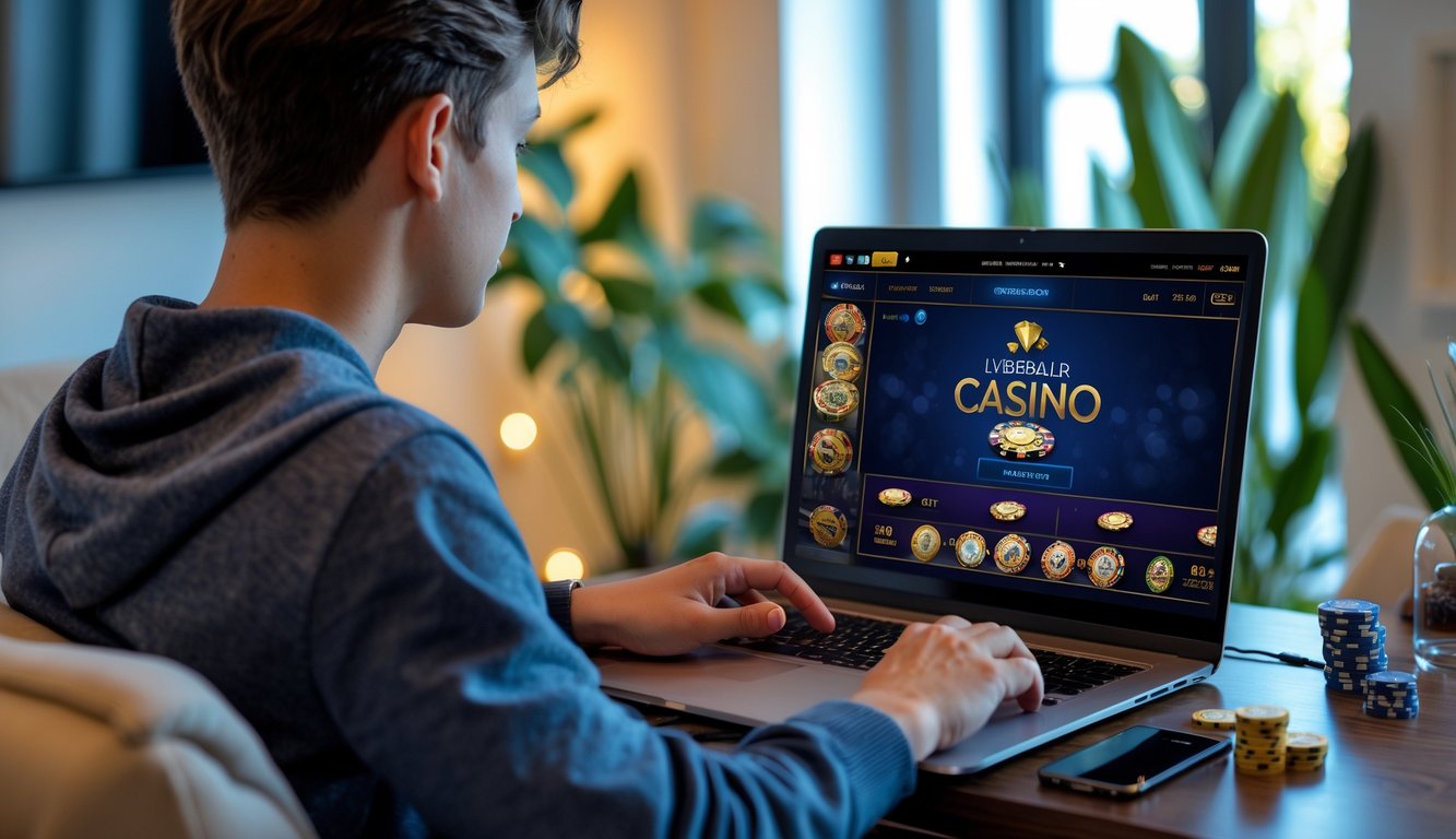 Seseorang bermain permainan kasino online langsung di laptop di ruang tamu yang nyaman.