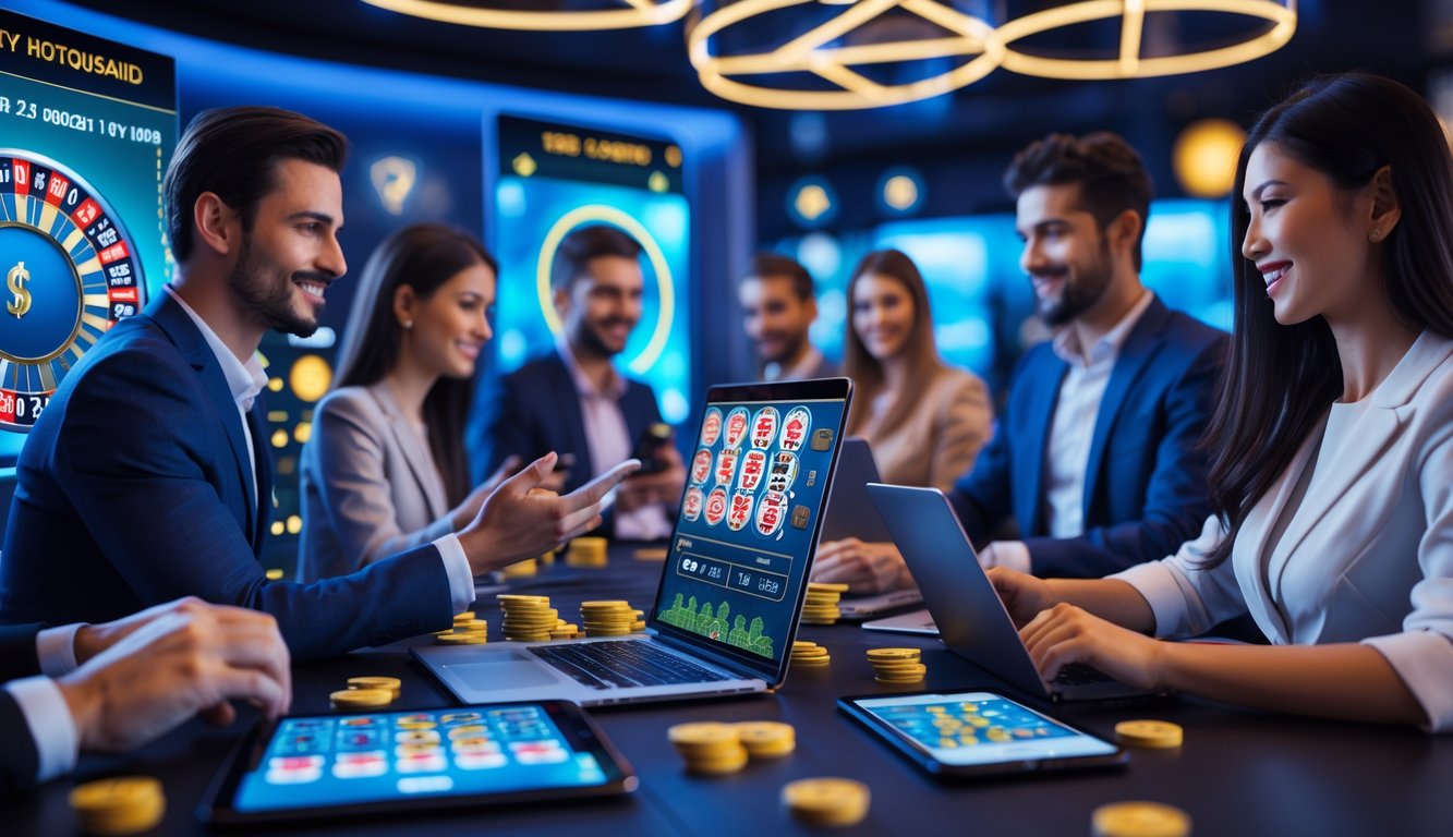 Beberapa pemain menggunakan perangkat digital untuk bermain kasino online dengan suasana yang modern dan terpercaya.