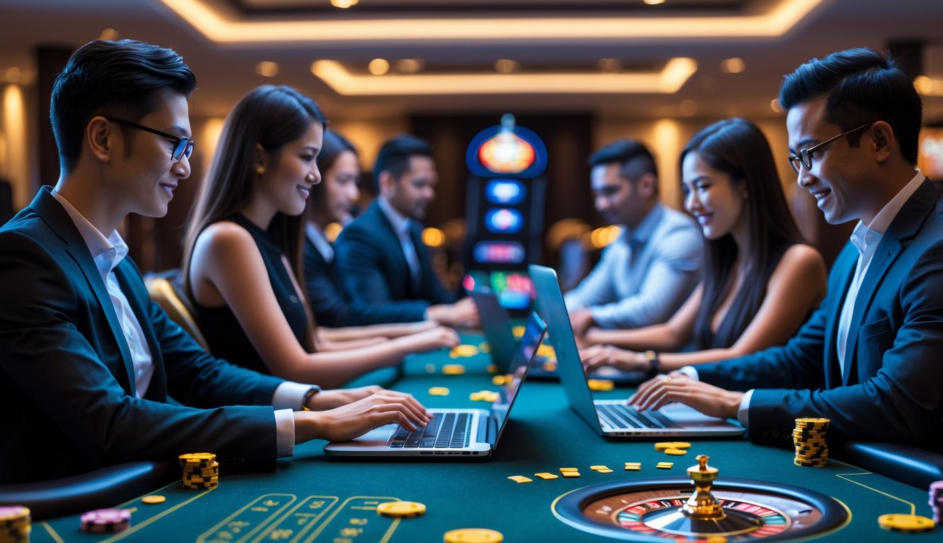 Sejumlah pemain menggunakan perangkat digital di kasino langsung dengan suasana profesional dan ramah.
